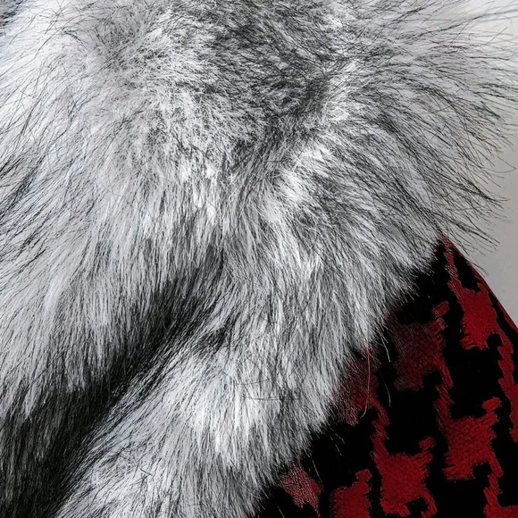 Red Casual Women's Front Tie Long Sleeve Faux Fur Houndstooth Woolen Jacket - Picture 3 of 5